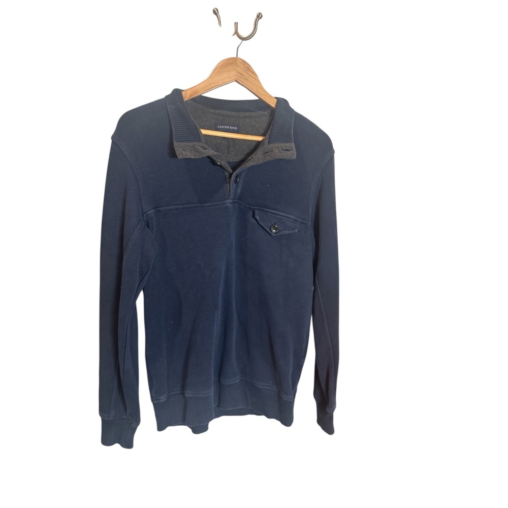 Lands End Mens Small Pullover Sweatshirt Blue Gray Button Henley Casual Preppy
